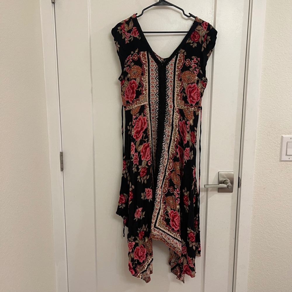Fairycore Black Asymmetrical Midi Dress Whimseygoth Floral V Neck Romantic